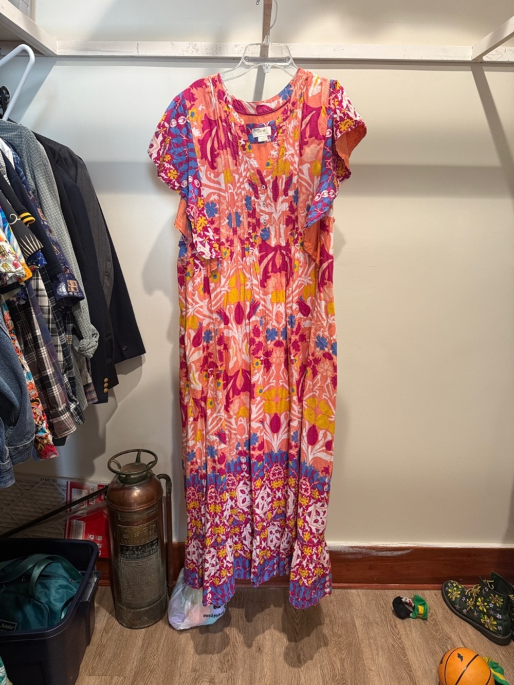 Anthropologie Pink Floral Maxi Dress with Orange & Blue Accents
